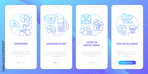 Unproductive ways to study blue gradient onboarding mobile app screen. Walkthrough 4 steps graphic instructions with linear concepts. UI, UX, GUI template. Myriad Pro-Bold, Regular fonts used