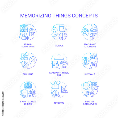 Memorizing things tricks blue gradient concept icons set. Improve memory skills. Brain training. Learn idea thin line color illustrations. Isolated symbols. Roboto-Medium, Myriad Pro-Bold fonts used