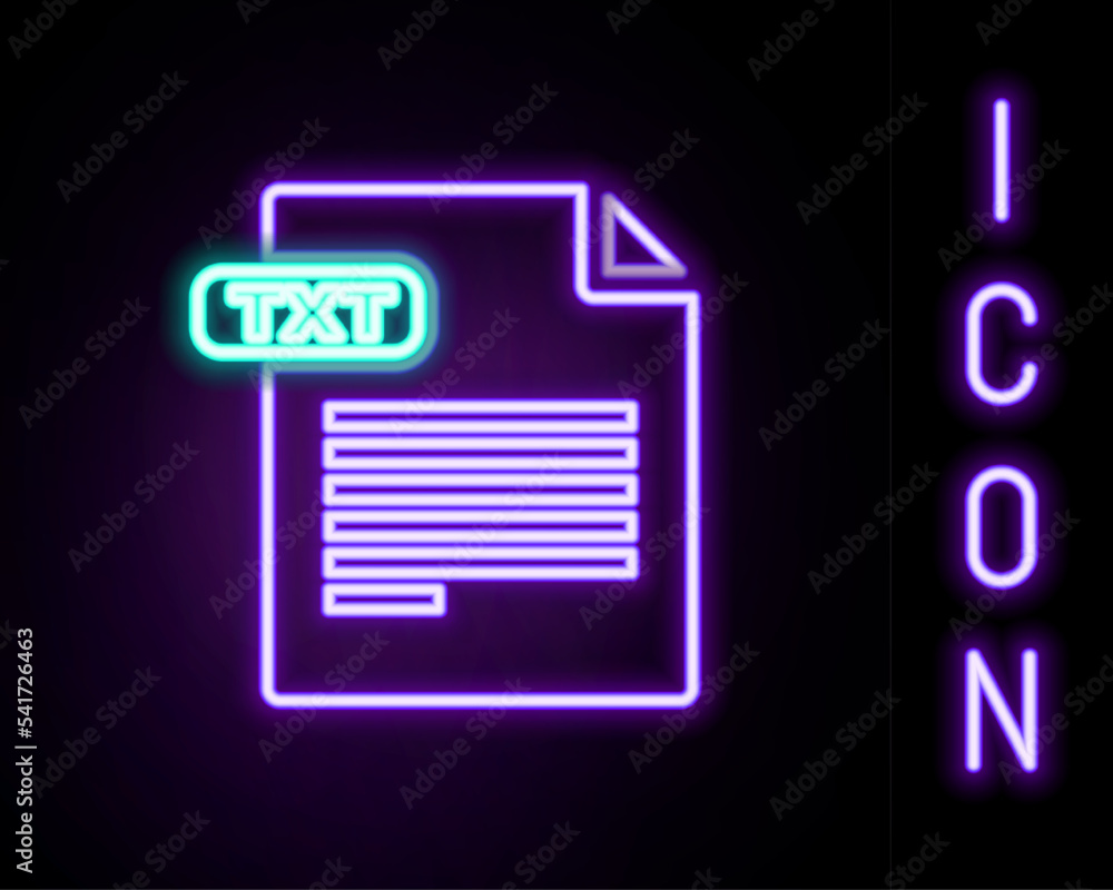 Glowing neon line TXT file document. Download txt button icon isolated on black background. Text file extension symbol. Colorful outline concept. Vector Glowing neon line TXT file document. Download txt button icon isolated on black background. Text file extension symbol. Colorful outline concept. Vector