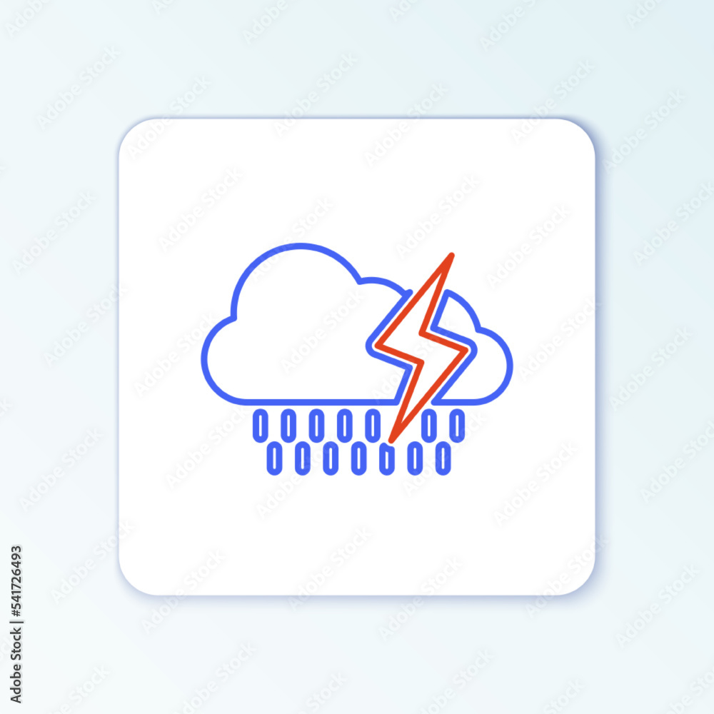 Line Cloud with rain and lightning icon isolated on white background. Rain cloud precipitation with rain drops.Weather icon of storm. Colorful outline concept. Vector Line Cloud with rain and lightning icon isolated on white background. Rain cloud precipitation with rain drops.Weather icon of storm. Colorful outline concept. Vector