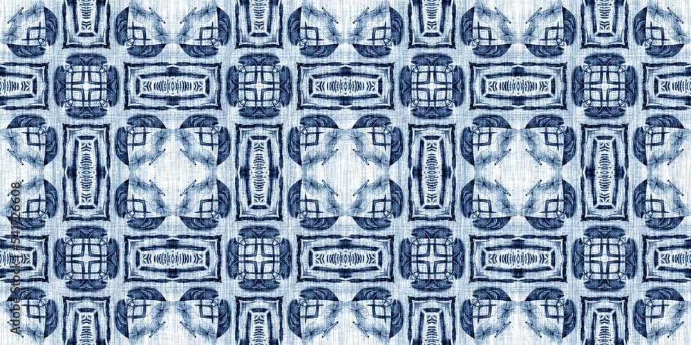 Indigo dye wash coastal damask seamless border pattern. Washed out geometric dip dyed blur effect edging. Nautical and marine ocean blue masculine endless tape background with linen texture trim. Indigo dye wash coastal damask seamless border pattern. Washed out geometric dip dyed blur effect edging. Nautical and marine ocean blue masculine endless tape background with linen texture trim.