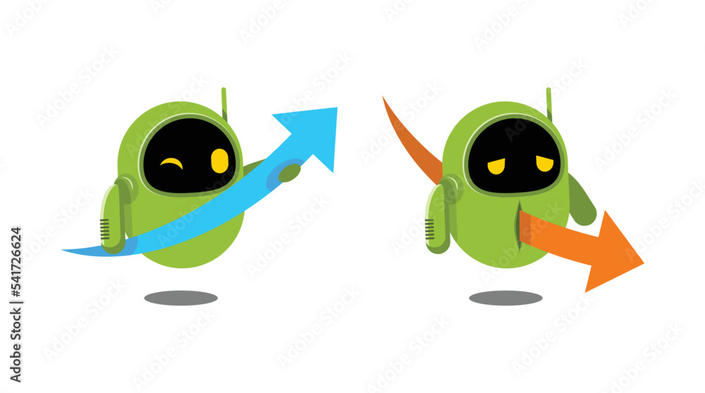 Green robot with graph arrow. Happy robot and sad robot. Green robot with graph arrow. Happy robot and sad robot.