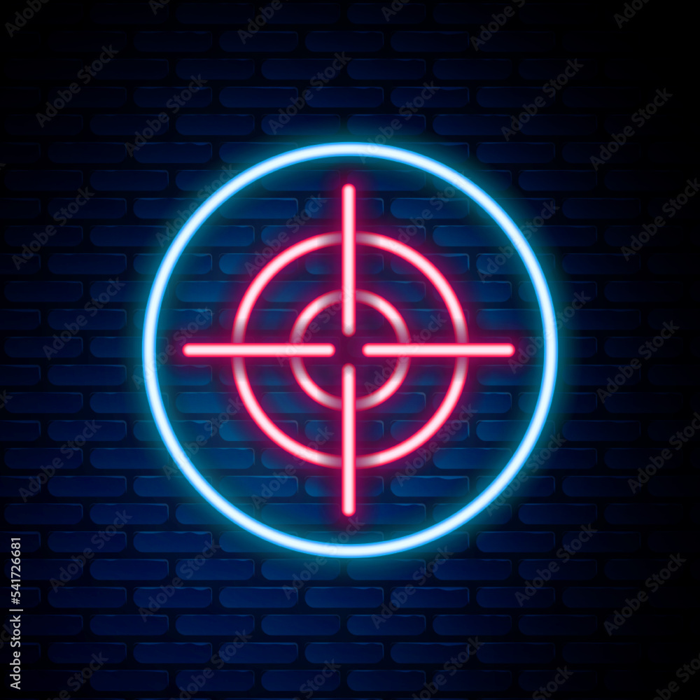 Glowing neon line Target sport icon isolated on brick wall background. Clean target with numbers for shooting range or shooting. Colorful outline concept. Vector Glowing neon line Target sport icon isolated on brick wall background. Clean target with numbers for shooting range or shooting. Colorful outline concept. Vector