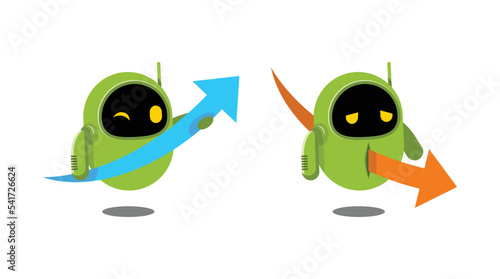 Green robot with graph arrow. Happy robot and sad robot.