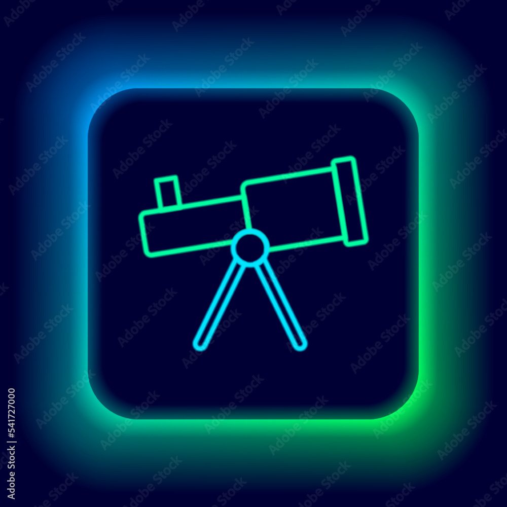 Glowing neon line Telescope icon isolated on black background. Scientific tool. Education and astronomy element, spyglass and study stars. Colorful outline concept. Vector Glowing neon line Telescope icon isolated on black background. Scientific tool. Education and astronomy element, spyglass and study stars. Colorful outline concept. Vector