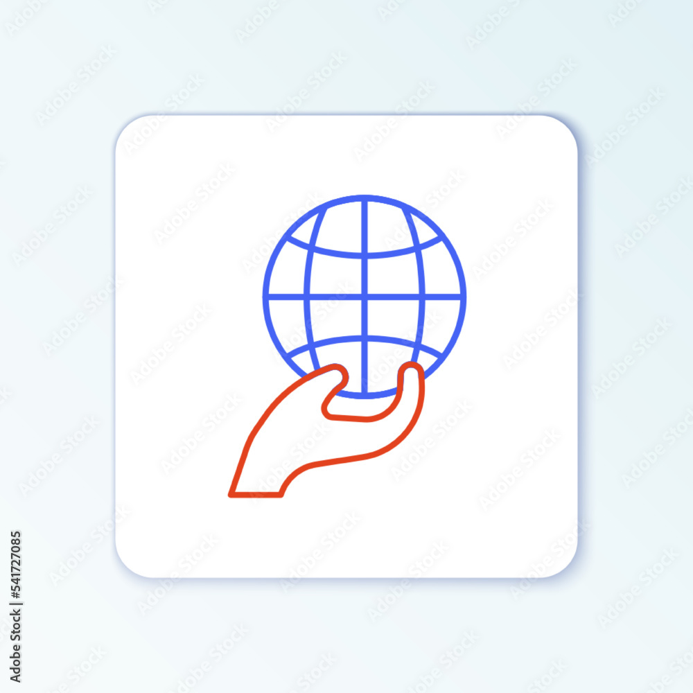 Line Human hand holding Earth globe icon isolated on white background. Save earth concept. Colorful outline concept. Vector Line Human hand holding Earth globe icon isolated on white background. Save earth concept. Colorful outline concept. Vector