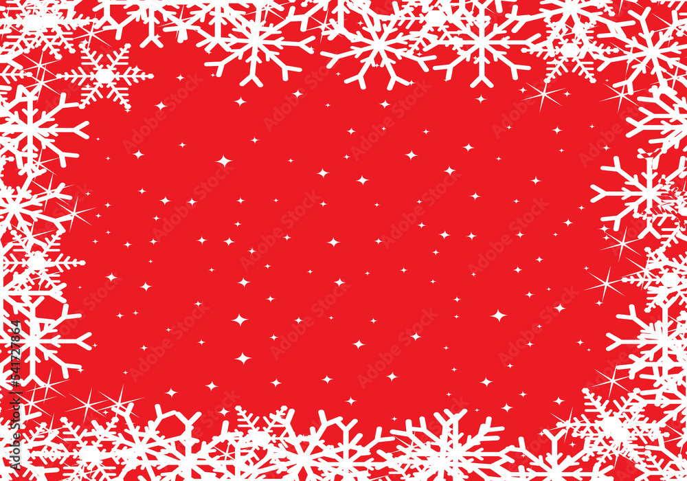 Red starry background with snowflakes frame. Vector illustration backdrop.