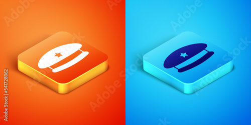 Isometric Military beret icon isolated on orange and blue background. Soldiers cap. Army hat. War baret. Vector