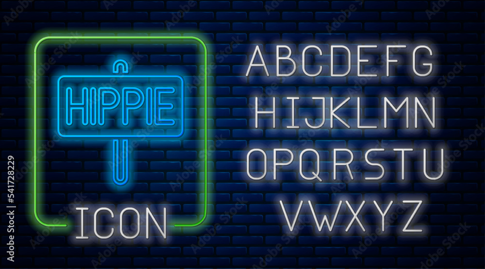 Fototapeta premium Glowing neon Peace icon isolated on brick wall background. Hippie symbol of peace. Neon light alphabet. Vector