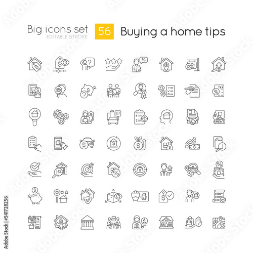 Home buying guide linear big icons set. Real estate purchase. House hunting. Customizable thin line symbols. Isolated vector outline illustrations. Editable stroke. Quicksand-Light font used