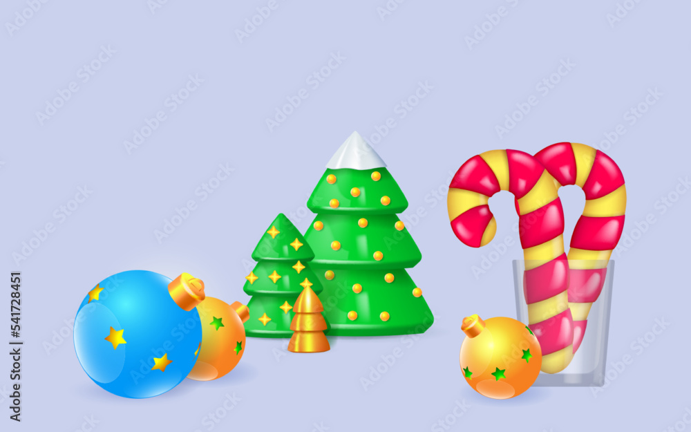 Happy New Year background. Snowy Christmas trees, big candy canes and christmas ornaments. Realistic 3d Xmas decor Happy New Year background. Snowy Christmas trees, big candy canes and christmas ornaments. Realistic 3d Xmas decor