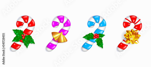 3d Candy Canes with christmas ornaments. Realistic objects for Christmas and Happy New Year design. Vector illustration