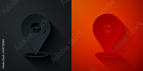 Paper cut Location South Korea icon isolated on black and red background. Paper art style. Vector