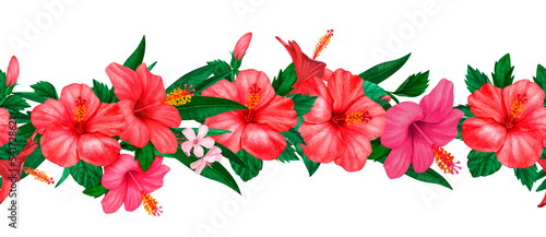 Seamless watercolor tropical flowers red and delicate pink hibiscus with leaves and bud, flowery Hawaiian composition.Perfect for card, postcard, tags, invitation, printing