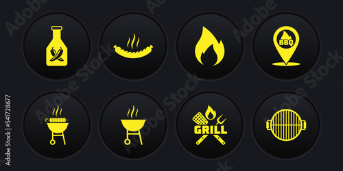 Set Barbecue grilled shish kebab, Location with barbecue, Crossed fork and spatula, Fire flame, Sausage, and Ketchup bottle icon. Vector