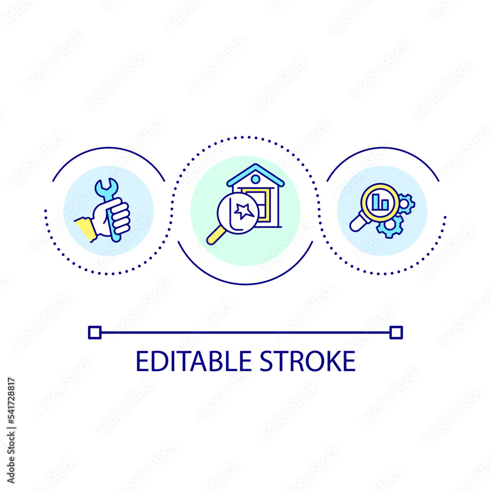 Real estate property examination loop concept icon. House construction quality. Building inspection abstract idea thin line illustration. Isolated outline drawing. Editable stroke. Arial font used Real estate property examination loop concept icon. House construction quality. Building inspection abstract idea thin line illustration. Isolated outline drawing. Editable stroke. Arial font used