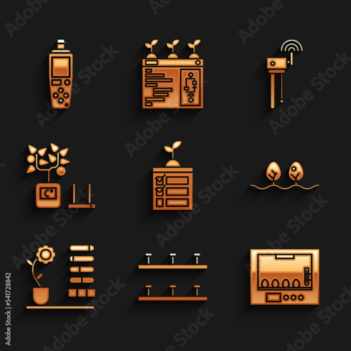Set Smart farming technology, Automatic irrigation sprinklers, Incubator for eggs, Plant, Flower status, Router and wi-fi signal and Portable sensor icon. Vector