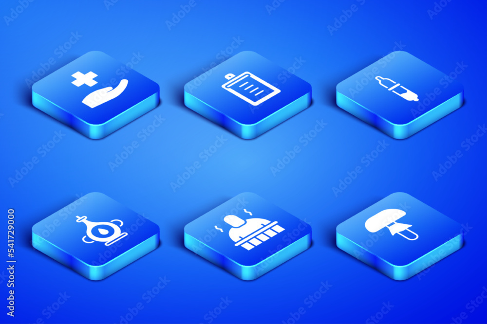 Set Mushroom, Cross hospital medical, Sauna and spa procedures, Oil bottle, Clipboard with checklist and Pipette icon. Vector