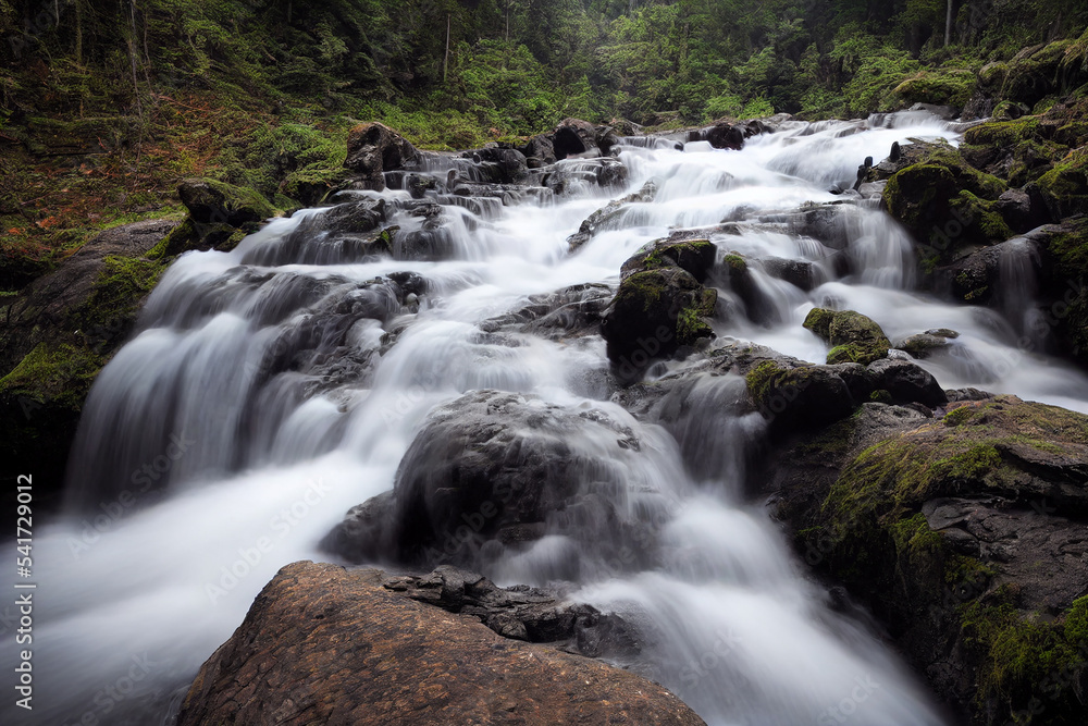 Water Flowing Over Mossy Rocks on a Riverbed Water Flowing Over Mossy Rocks on a Riverbed