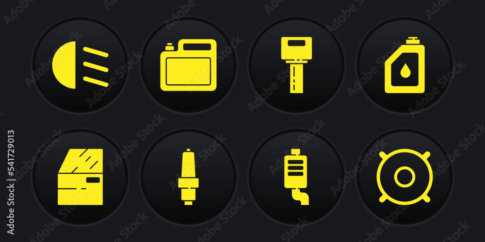 Set Car door, Canister for motor oil, spark plug, muffler, key with remote, audio speaker and High beam icon. Vector Set Car door, Canister for motor oil, spark plug, muffler, key with remote, audio speaker and High beam icon. Vector