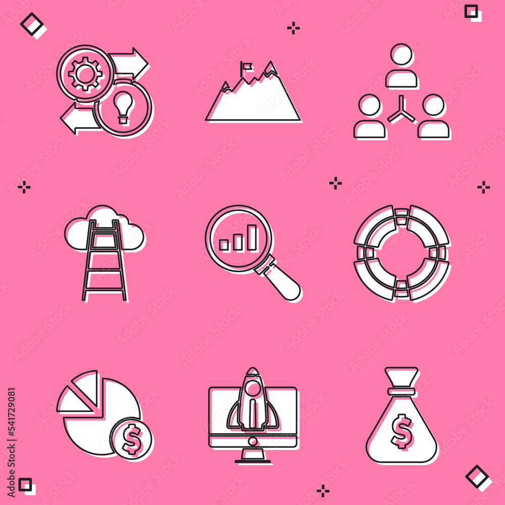 Set Human resources, Mountains with flag, Project team base, Stair finish, Magnifying glass and analysis, Business lifebuoy, Pie chart dollar and Startup project concept icon. Vector Set Human resources, Mountains with flag, Project team base, Stair finish, Magnifying glass and analysis, Business lifebuoy, Pie chart dollar and Startup project concept icon. Vector
