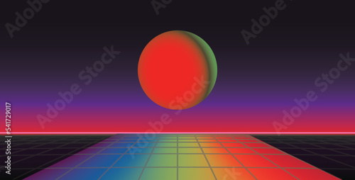 1980's neon sci fi landscape. Retrowave, synthwave vector background. Cyberpunk perspective grid.