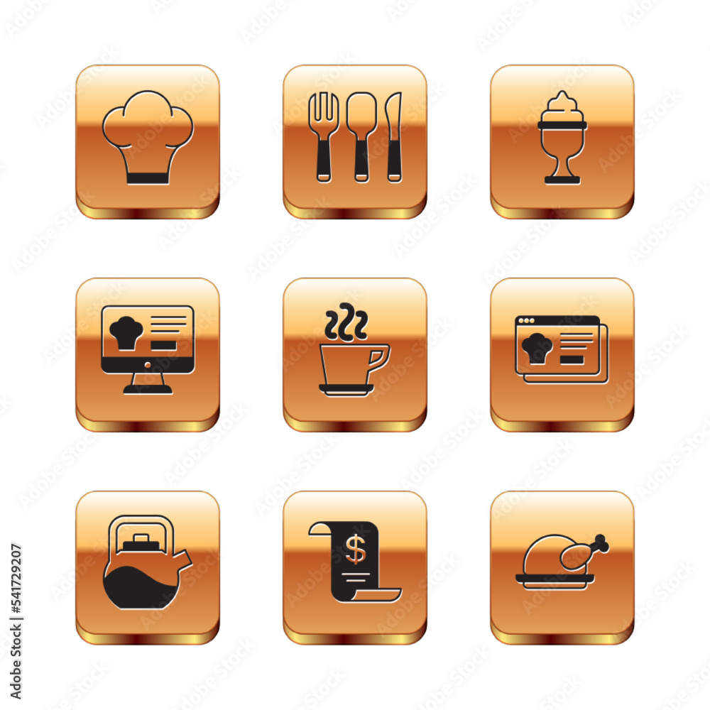 Set Chef hat, Kettle with handle, Paper or financial check, Coffee cup, Online ordering delivery, Ice cream bowl, Roasted turkey chicken and Fork, spoon knife icon. Vector Set Chef hat, Kettle with handle, Paper or financial check, Coffee cup, Online ordering delivery, Ice cream bowl, Roasted turkey chicken and Fork, spoon knife icon. Vector