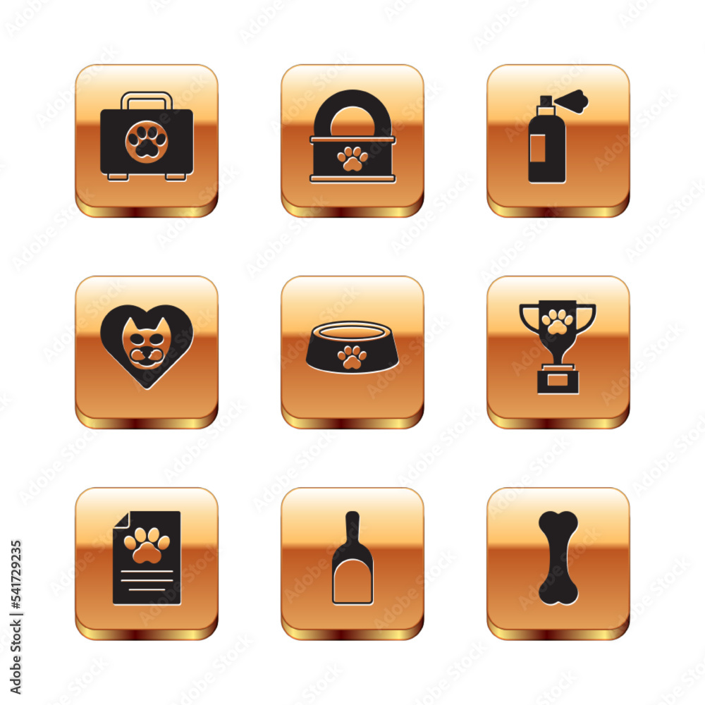 Set Pet first aid kit, Clinical record pet, Dustpan, food bowl, Heart with cat, shampoo, Dog bone and Canned icon. Vector Set Pet first aid kit, Clinical record pet, Dustpan, food bowl, Heart with cat, shampoo, Dog bone and Canned icon. Vector