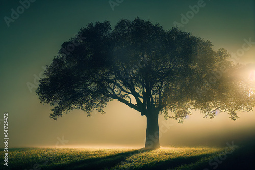 Billede på lærred Misty Morning Sunrise Around a Tree