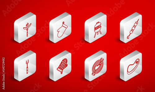 Set line Steak meat, Oven glove, Barbecue grill, Grilled shish kebab, with steak, Sausage on the fork, and icon. Vector