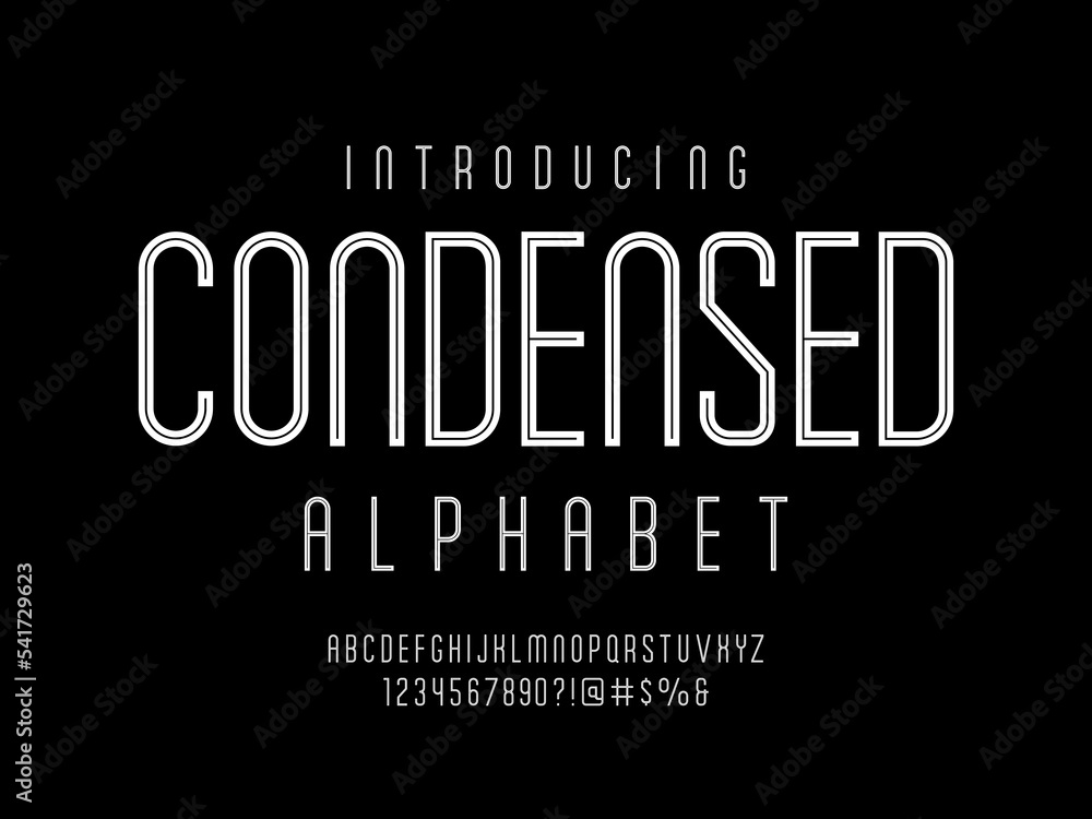 Vector of stylized condensed alphabet design with uppercase, numbers ...