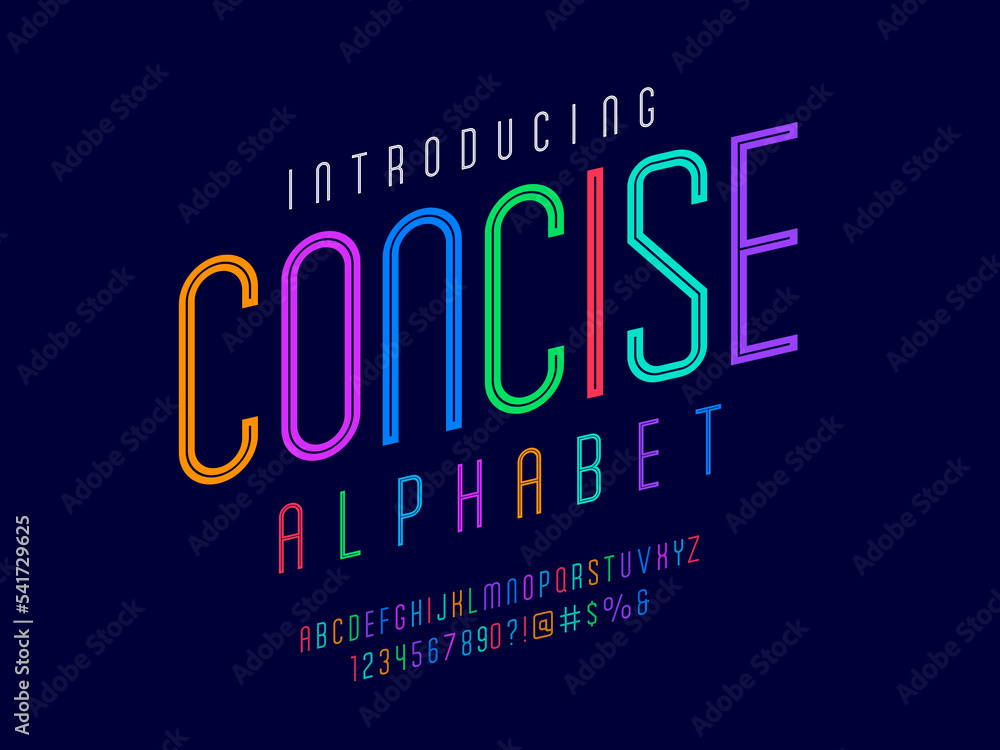 Vector of stylized condensed alphabet design with uppercase, numbers and symbols Stock Vector