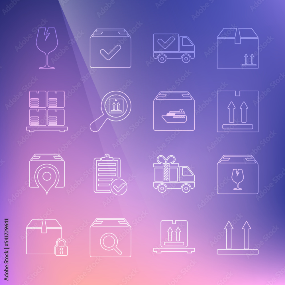 Set line This side up, Delivery box with fragile content, Cardboard traffic, truck check mark, Search package, boxes pallet, Fragile broken glass and Cargo ship icon. Vector Set line This side up, Delivery box with fragile content, Cardboard traffic, truck check mark, Search package, boxes pallet, Fragile broken glass and Cargo ship icon. Vector