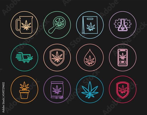 Set line Shield and marijuana, Online buying, Shopping bag of, cart with, Cup tea, Marijuana or cannabis leaf oil and Magnifying glass icon. Vector