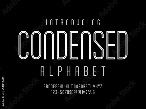 Vector of stylized condensed alphabet design with uppercase, numbers and symbols