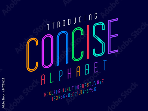 Vector of stylized condensed alphabet design with uppercase, numbers and symbols