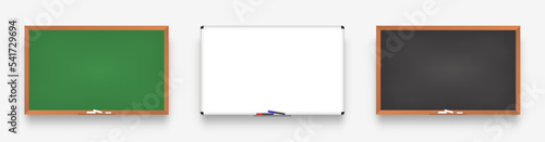 Rubbed out dirty chalkboard. Chalkboard 3D. Realistic green blackboard in wooden frame. Empty white marker board. Empty school chalkboard for classroom or restaurant menu. Vector illustration