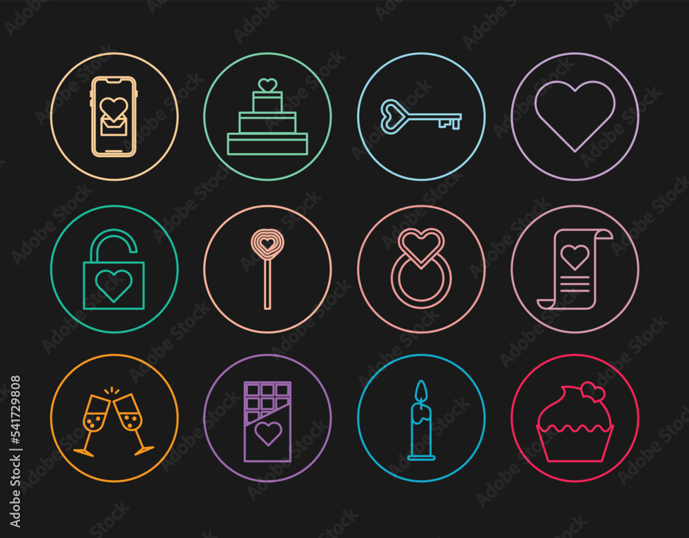 Set line Wedding cake with heart, Envelope Valentine, Key shape, Lollipop, Lock and, Mobile, rings and icon. Vector Set line Wedding cake with heart, Envelope Valentine, Key shape, Lollipop, Lock and, Mobile, rings and icon. Vector