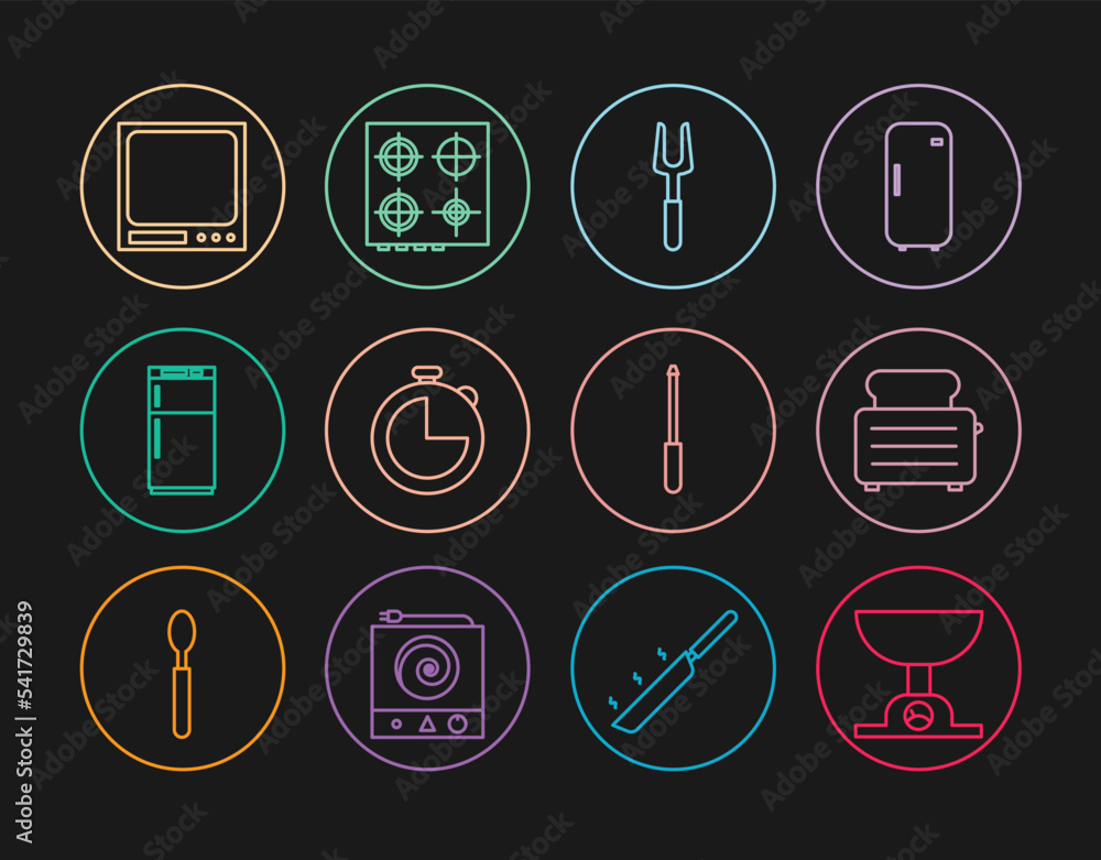 Set line Electronic scales, Toaster with toasts, Barbecue fork, Kitchen timer, Refrigerator, Knife sharpener and Gas stove icon. Vector Set line Electronic scales, Toaster with toasts, Barbecue fork, Kitchen timer, Refrigerator, Knife sharpener and Gas stove icon. Vector