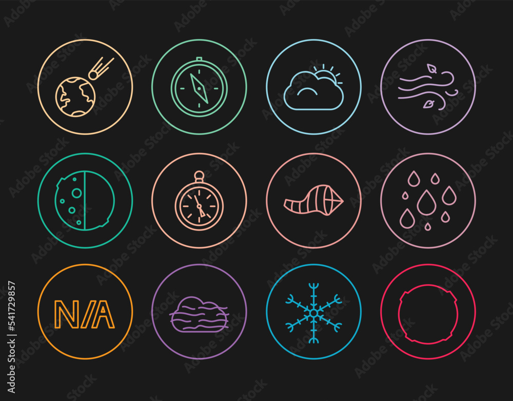 Set line Moon, Water drop, Sun and cloud, Compass, Eclipse of the sun, Comet falling down fast, Cone meteorology windsock wind vane and icon. Vector Set line Moon, Water drop, Sun and cloud, Compass, Eclipse of the sun, Comet falling down fast, Cone meteorology windsock wind vane and icon. Vector