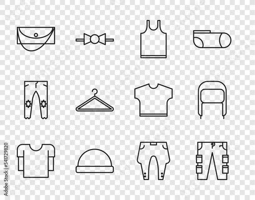 Set line Long sleeve shirt, Cargo pants, Sleeveless T-shirt, Beanie hat, Clutch bag, Hanger wardrobe, Pants and Winter with ear flaps icon. Vector