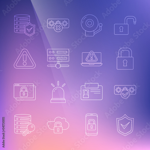 Set line Shield with check mark, Password protection, Lock, Ringing alarm bell, Server, Data, Web Hosting, Exclamation triangle, shield and Laptop exclamation icon. Vector