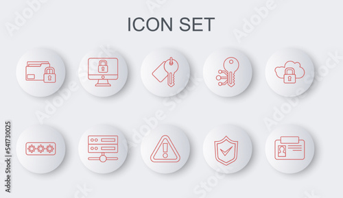 Set line Identification badge, Password protection, Marked key, Shield with check mark, Folder and lock, Lock computer monitor, Server, Data, Web Hosting and Exclamation triangle icon. Vector