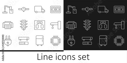Set line Processor with microcircuits CPU, Water tap, Delivery cargo truck, Traffic light, Printer, Robotic robot arm hand factory, Bathroom scales and Wrist watch icon. Vector