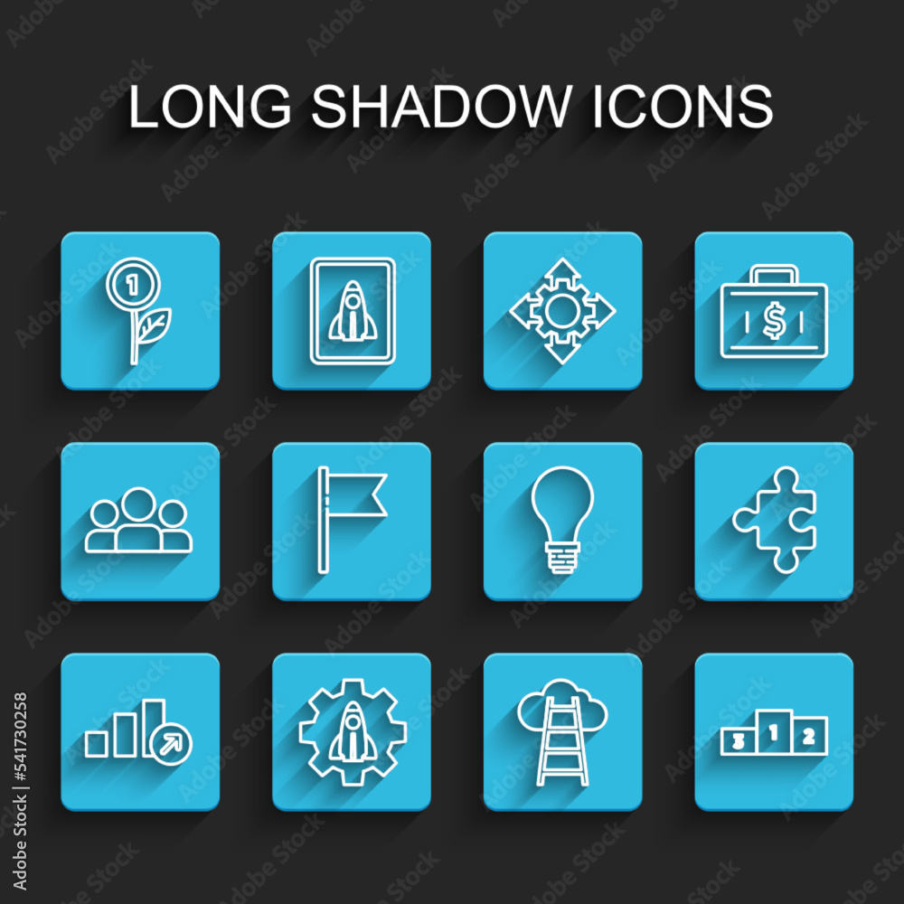 Set line Financial growth, Startup project concept, Dollar plant, Stair with finish flag, Business podium, Location marker, Piece of puzzle and Light bulb idea icon. Vector Set line Financial growth, Startup project concept, Dollar plant, Stair with finish flag, Business podium, Location marker, Piece of puzzle and Light bulb idea icon. Vector
