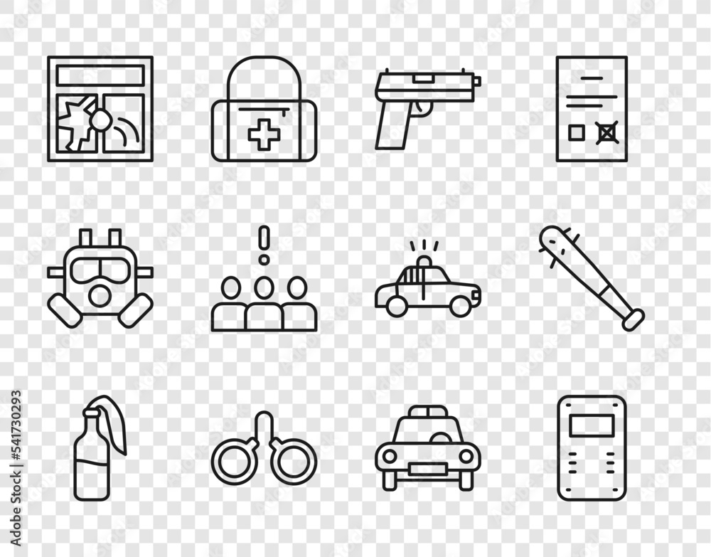 Set line Cocktail molotov, Police assault shield, Pistol or gun, Handcuffs, Broken window, Crowd protest, car flasher and Baseball bat with nails icon. Vector Set line Cocktail molotov, Police assault shield, Pistol or gun, Handcuffs, Broken window, Crowd protest, car flasher and Baseball bat with nails icon. Vector