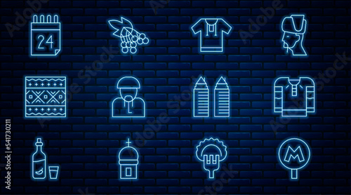 Set line Metro or Underground, Embroidered shirt, Ukrainian cossack, ethnic pattern, Independence day of Ukraine, Two towers Dnipro and Branch viburnum icon. Vector