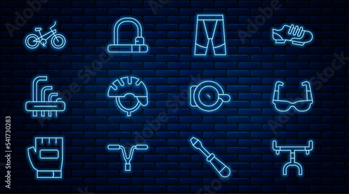 Set line Bicycle handlebar, Sport cycling sunglasses, Cycling shorts, helmet, Tool allen keys, bell and lock icon. Vector