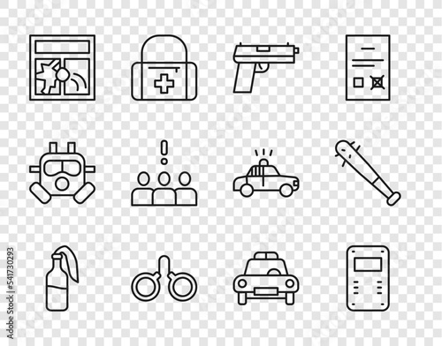 Set line Cocktail molotov, Police assault shield, Pistol or gun, Handcuffs, Broken window, Crowd protest, car flasher and Baseball bat with nails icon. Vector