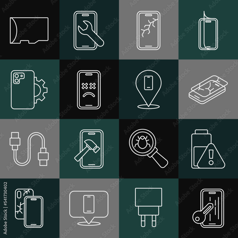 Set line Glass screen protector, Smartphone battery charge, Mobile with broken, Dead mobile, Phone repair service, Micro SD memory card and icon. Vector Set line Glass screen protector, Smartphone battery charge, Mobile with broken, Dead mobile, Phone repair service, Micro SD memory card and icon. Vector